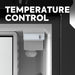 Close-up of the ICECO Wholesale 2-in-1 fridge/freezer's temperature control unit, featuring a dial with "Temperature Control" text in the background. The well-lit and clean interior highlights the control unit itself.