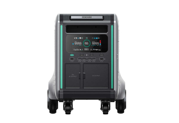 The Zendure SuperBase V portable power station features wheels, a digital power level display, multiple ports for input and output, and is perfect for emergency preparedness. The bold Zendure brand name appears across the top.