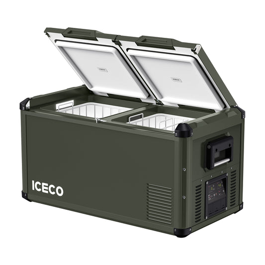 A portable cooler from ICECO Wholesale, featuring a green design with rugged construction and two open lids that reveal dual compartments, runs on a 12V refrigeration system. It includes side vents, a Secop compressor, and has its control panel located on the front.