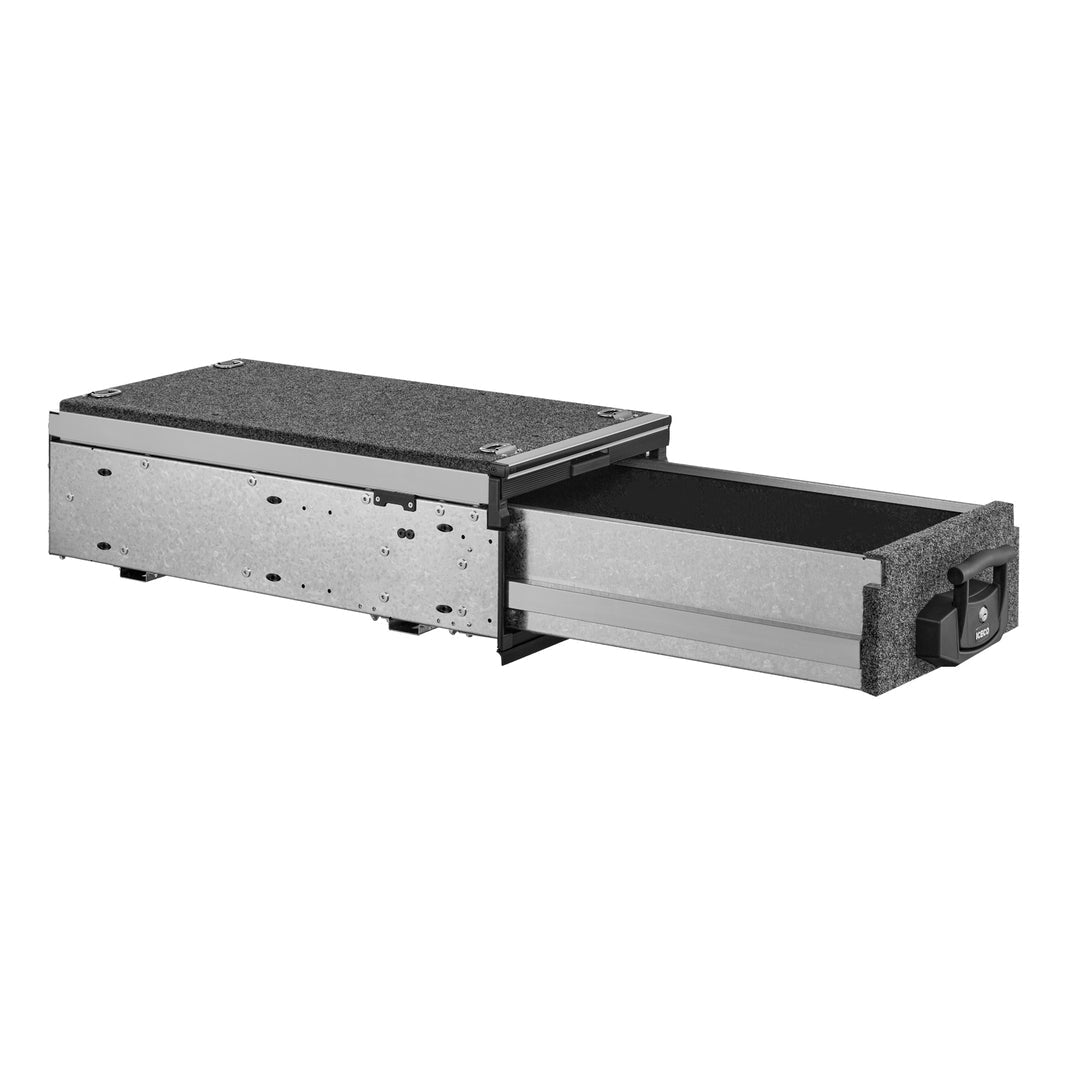 The ICECO Wholesale DS27 Roller Drawer System offers an ideal storage solution with its smooth-sliding metal drawer unit. Made from galvanized sheet metal, it features a textured black top and a front handle with a secure lock mechanism.