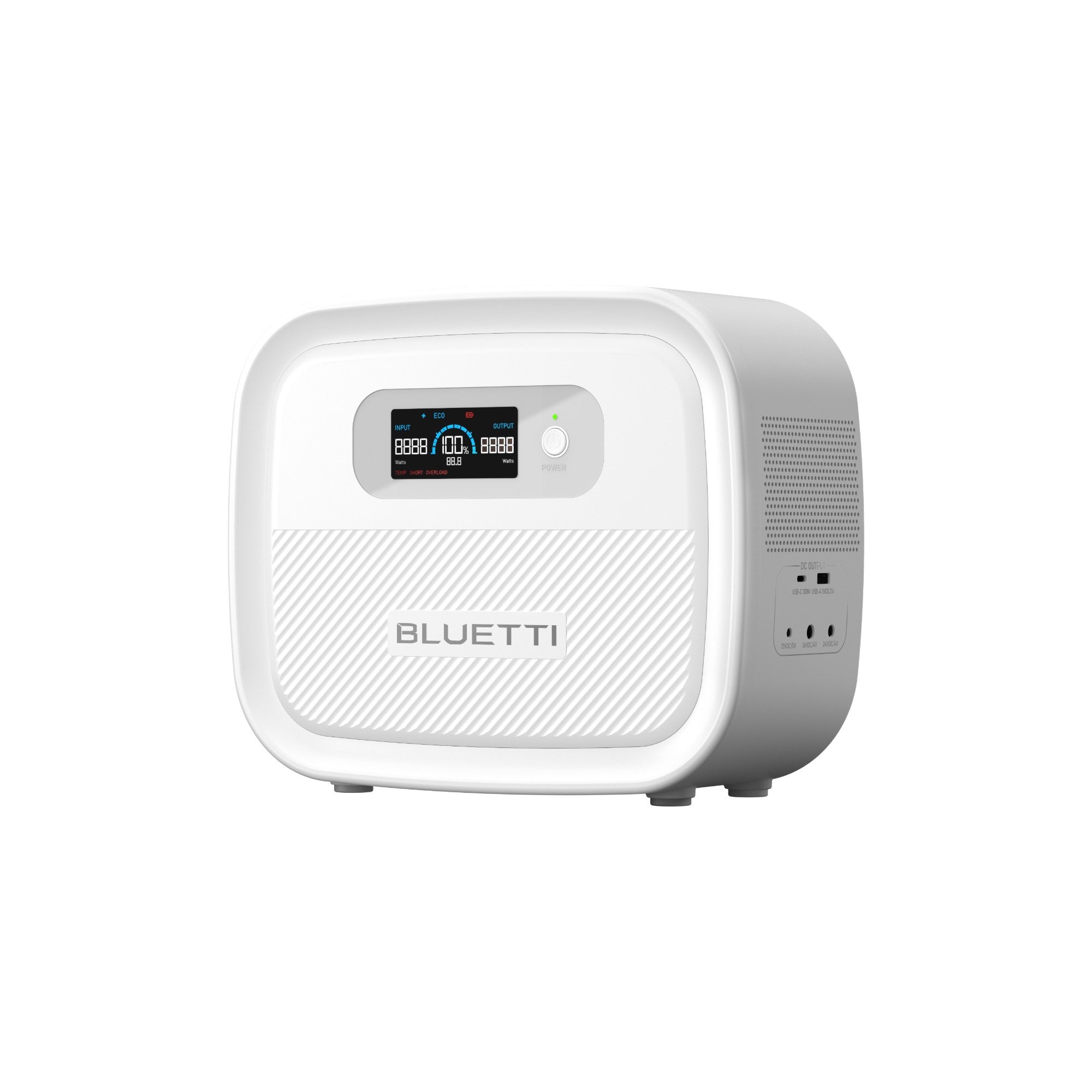 A compact, rectangular Bluetti portable power station in white, featuring a digital display, power button, and multiple front-facing ports. The device has rounded edges and displays the Bluetti logo below the screen.