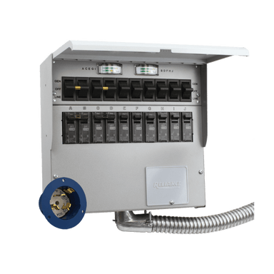 A gray Jackery manual transfer switch panel with multiple black switches, labeled rows, indicator lights, and a blue circular socket on the lower left—code-compliant and compatible with the Explorer 5000 Plus—mounted on a metallic conduit.