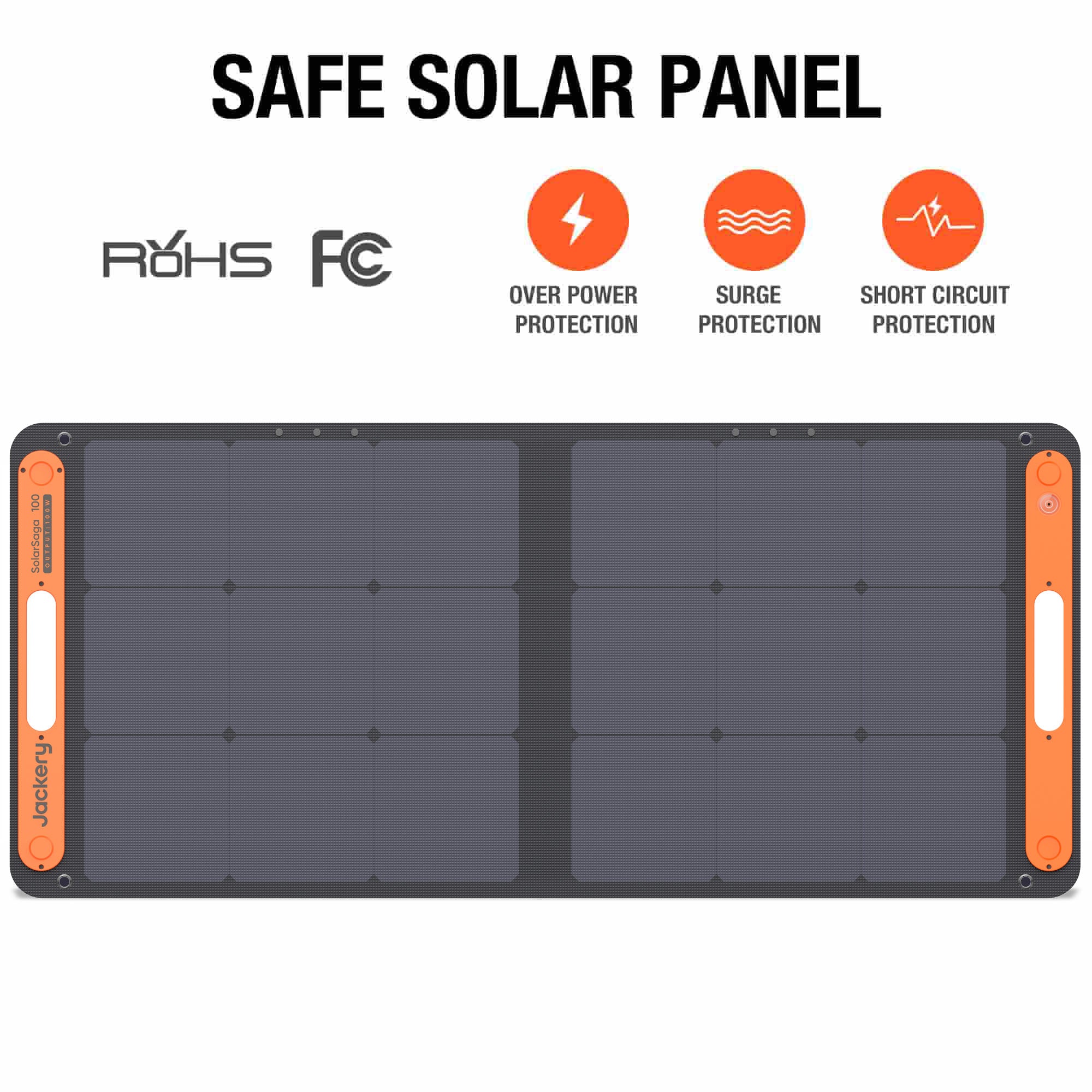 A rectangular black and orange Jackery portable solar panel is shown with icons and text highlighting over power, surge, and short circuit protection. ROHS and FCC certification logos are also visible above the panel.
