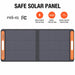 A rectangular black and orange Jackery portable solar panel is shown with icons and text highlighting over power, surge, and short circuit protection. ROHS and FCC certification logos are also visible above the panel.