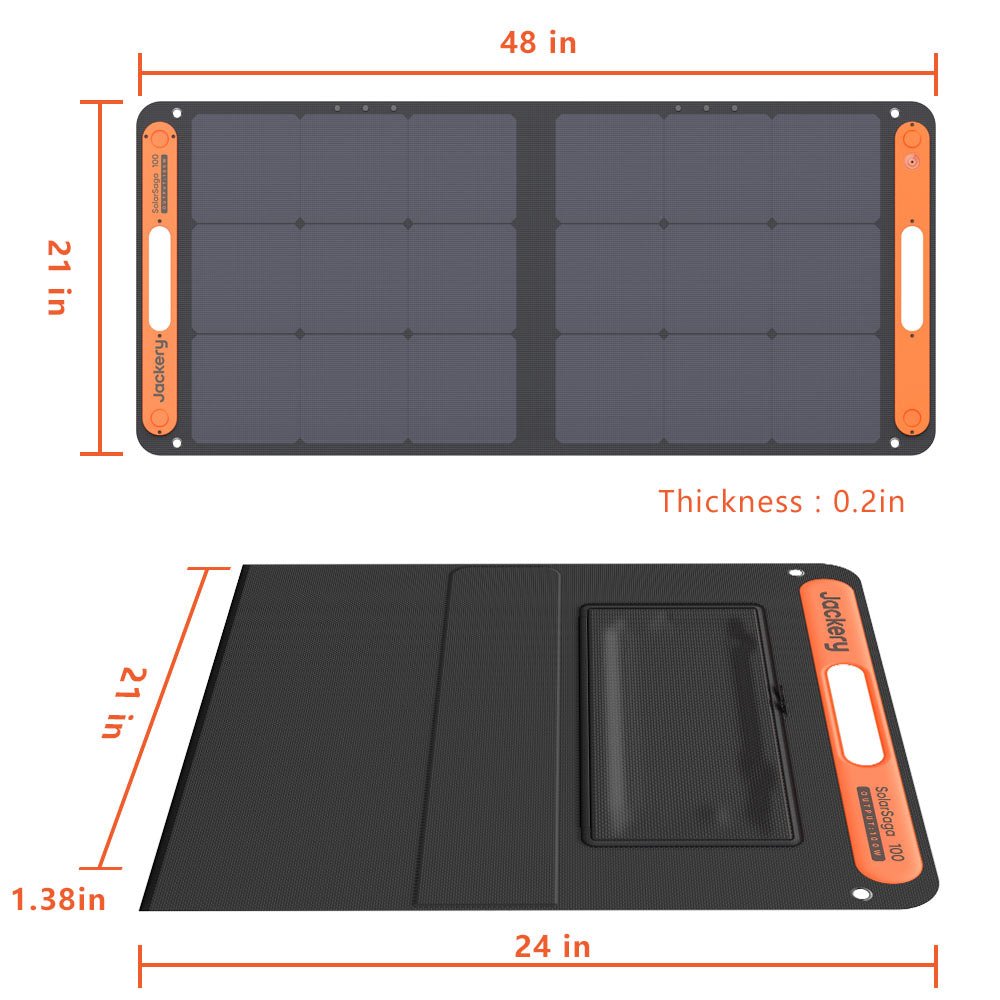 Image showing the Jackery foldable solar panel, measuring 48"x21" open and 24"x21" folded. This portable panel features an orange border, a zippered back pocket, and is only 0.2" thick.