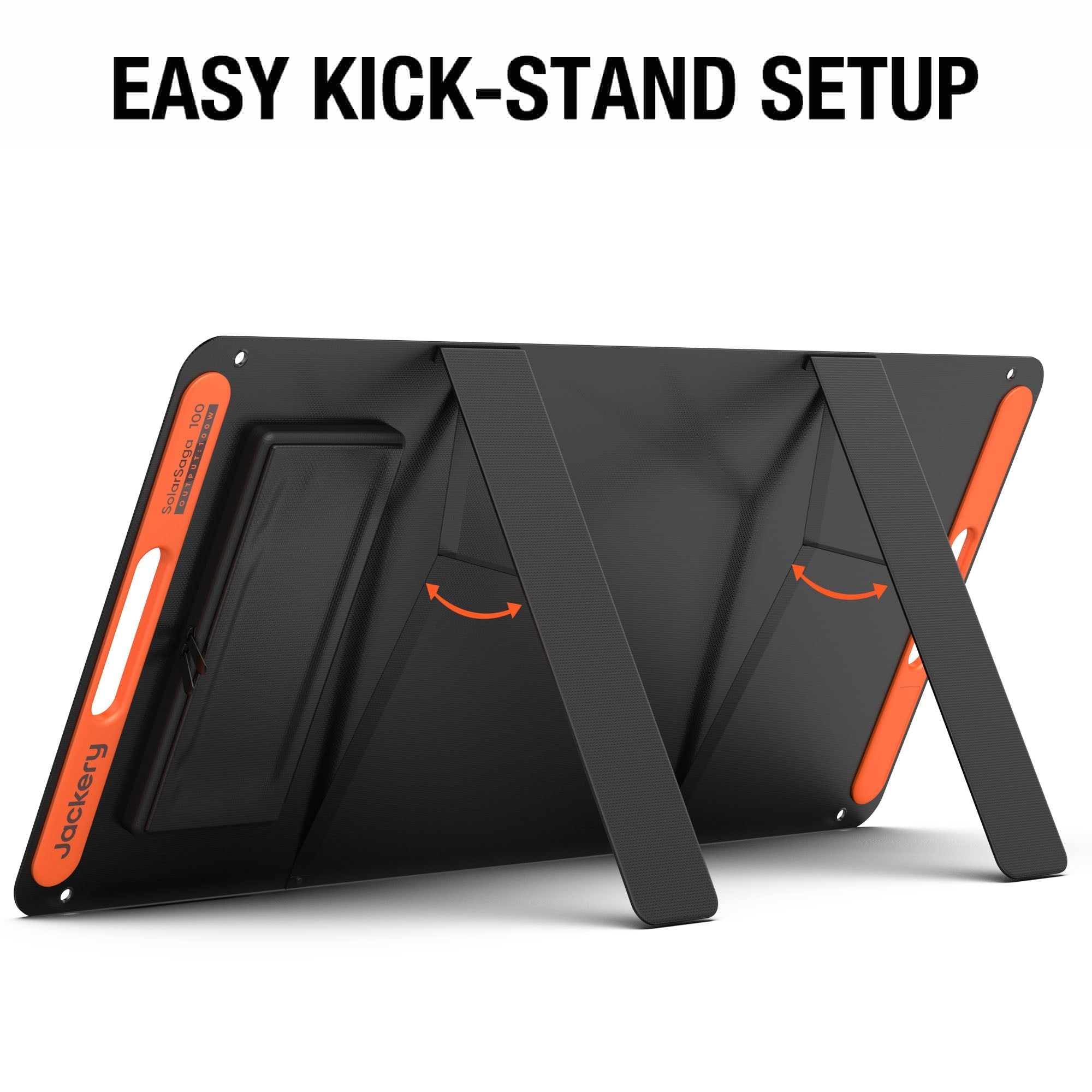 Jackery black and orange portable solar panel with two extended kickstands, shown from the back at an angle. Arrows highlight kickstand setup direction. Text above reads: "EASY KICK-STAND SETUP.