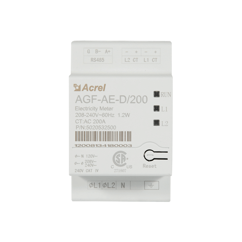 A white Bluetti AGF-AE-D/200 electricity meter for 208-240V, 60Hz, 1.2W, with wiring terminals labeled L1 and L2, product information, wiring diagram, and certification marks on the front panel.