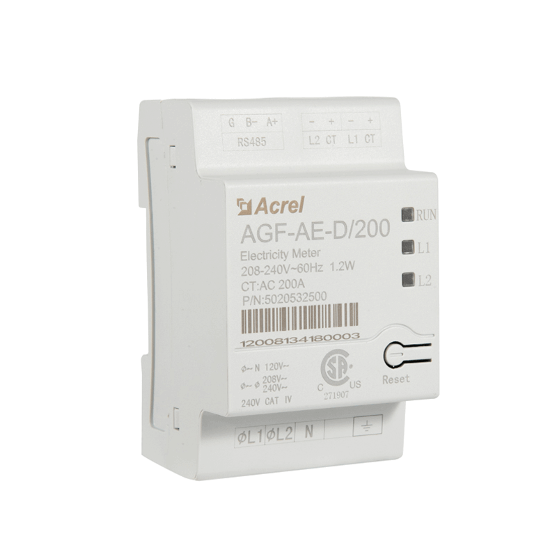 A white Bluetti AGF-AE-D/200 electricity meter with visible technical specifications and labels, including input voltage, frequency, and certification marks, photographed against a plain white background.