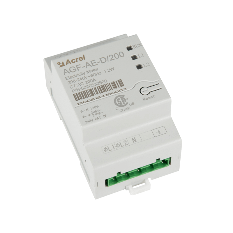 A white Bluetti AGF-AE-DI200 electricity meter featuring indicator lights, labeled terminals, and a green connector, designed for 220-240V 50/60Hz, 1.2W. The case displays product information and certification marks.