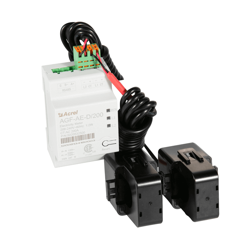 A white Bluetti AGF-AE-D/200 electrical device is connected by black coiled wires to two black current transformer clamps, all placed against a white background.
