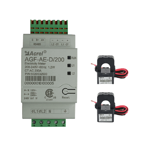 A rectangular Bluetti electricity meter labeled “AGF-AE-D/200” with wiring terminals and indicator lights, accompanied by two black current transformer clamps featuring red and black wires.