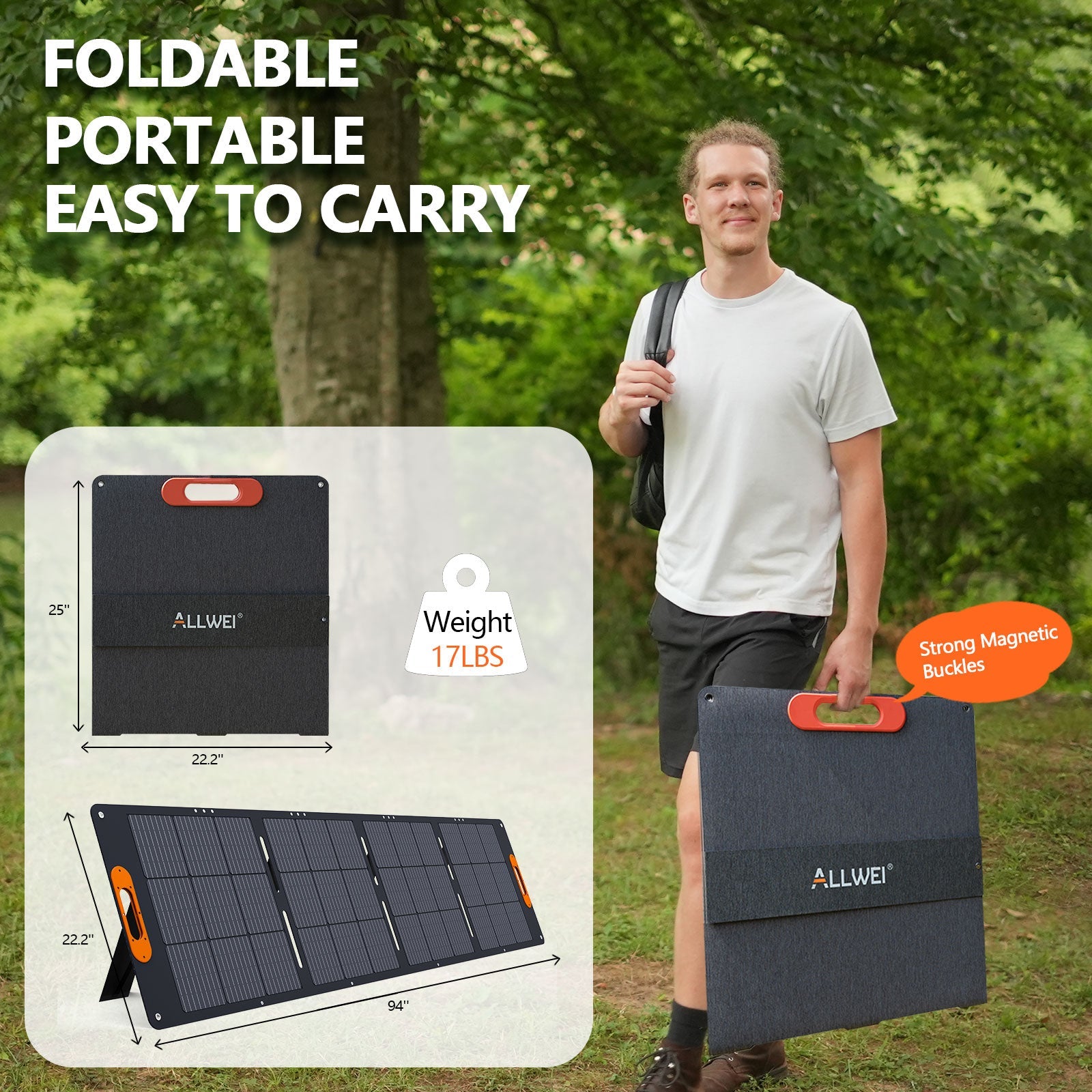 A man carries an ALLWEI US 200W portable monocrystalline solar panel case on his shoulder in a park. Text highlights its foldable, portable design, 17 lb weight, and strong magnetic buckles. Insets show the panel expanded and folded.