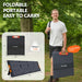 A man carries an ALLWEI US 200W portable monocrystalline solar panel case on his shoulder in a park. Text highlights its foldable, portable design, 17 lb weight, and strong magnetic buckles. Insets show the panel expanded and folded.