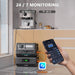 An ALLWEI US smartphone app interface is shown above stacked portable power stations with advanced LiFePO4 batteries on a kitchen counter. “24 / 7 Monitoring” and “Bluetooth Wi-Fi” text appears, with a coffee maker and cup in the background.