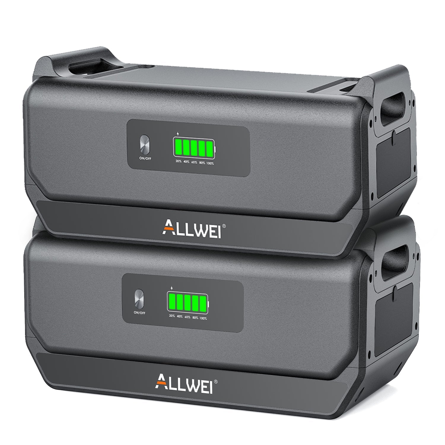 Two gray rectangular ALLWEI US LiFePO4 battery packs are stacked. Each portable power station has an on/off button, LED full-charge display, sturdy side handles, and the ALLWEI US logo on the front.