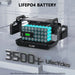 A rectangular ALLWEI US LiFePO4 battery pack with blue cylindrical cells and a digital display is shown open, labeled “LIFEPO4 BATTERY.” Text highlights “3500+ Life Cycles,” making it ideal as a reliable backup battery.