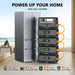A stack of five ALLWEI US LiFePO4 battery portable power stations powers a refrigerator. The image shows estimated run times for a heater, microwave, fridge, and washer, plus the slogan "POWER UP YOUR HOME With Max 10240Wh" above.