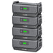 Four stacked ALLWEI US portable power stations with digital battery indicators, each showing four green bars. These black units feature LiFePO4 batteries, sturdy handles, and rectangular front control panels.