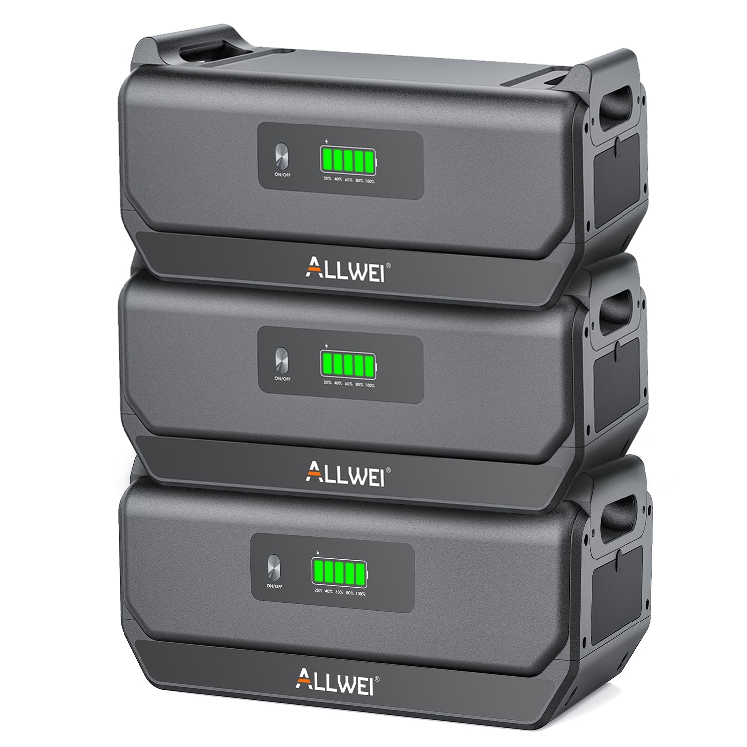 Three stacked, rectangular ALLWEI US portable power stations with carrying handles, each displaying a lit battery level indicator and offering expandable capacity with advanced LiFePO4 battery technology.