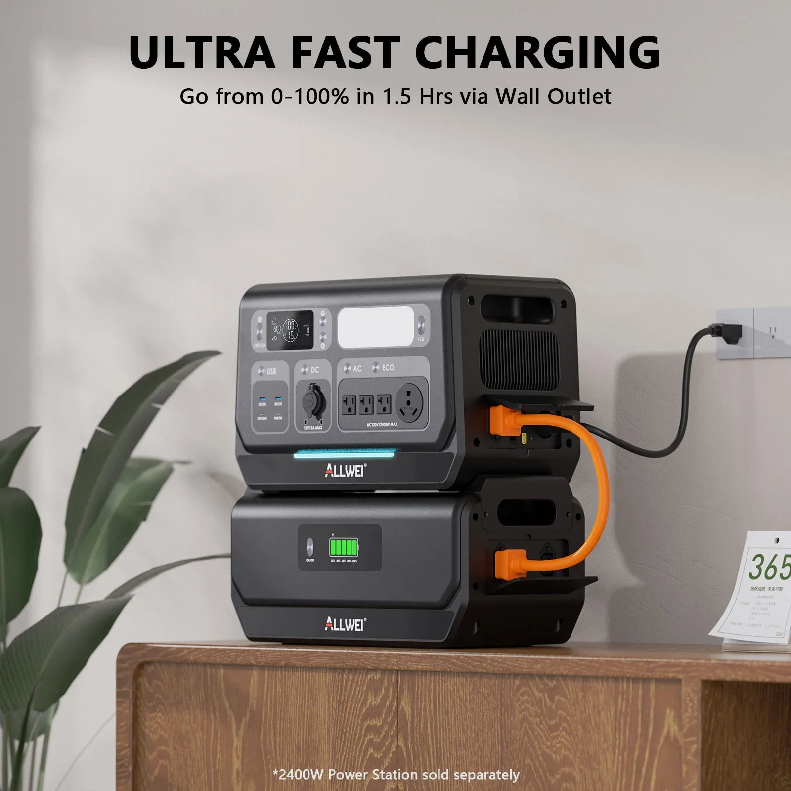 Two ALLWEI US portable power stations with advanced LiFePO4 batteries are stacked on a wooden table, connected by an orange cable. Text above reads, "Ultra Fast Charging—0-100% in 1.5 Hrs via Wall Outlet." A plant and calendar sit nearby.
