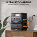 Two ALLWEI US portable power stations with advanced LiFePO4 batteries are stacked on a wooden table, connected by an orange cable. Text above reads, "Ultra Fast Charging—0-100% in 1.5 Hrs via Wall Outlet." A plant and calendar sit nearby.