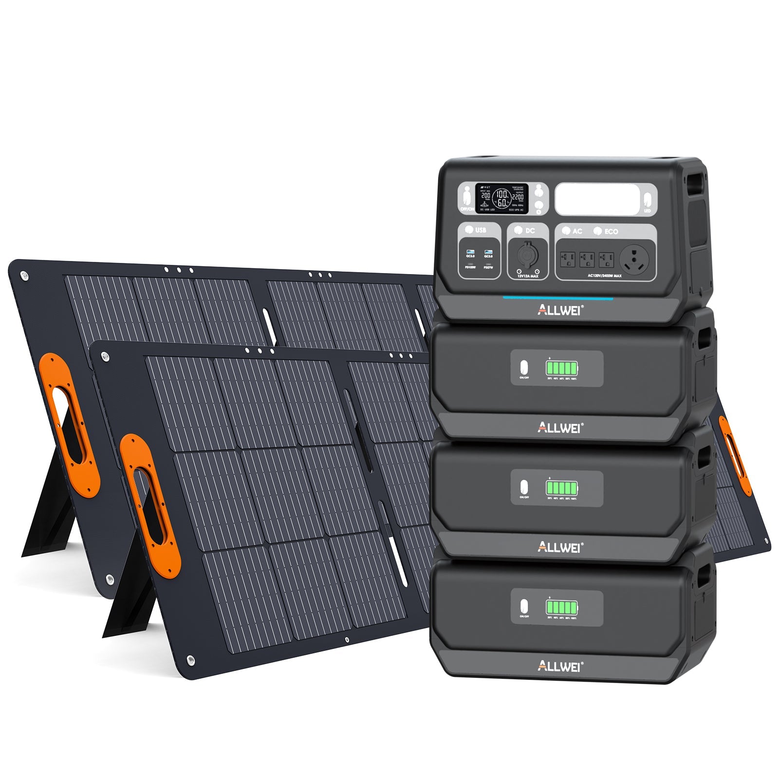 Four ALLWEI US PPS2400 LiFePO4 battery units are stacked vertically beside a compact folding solar panel with built-in stands; all devices are black with orange and gray highlights.