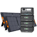Four ALLWEI US PPS2400 LiFePO4 battery units are stacked vertically beside a compact folding solar panel with built-in stands; all devices are black with orange and gray highlights.
