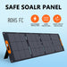 An ALLWEI US 200W foldable solar panel with orange handles stands on a light blue background. "SAFE SOLAR PANEL" appears above, with icons for overpower, surge, and short circuit protection. "ROHS FC" is shown as well.