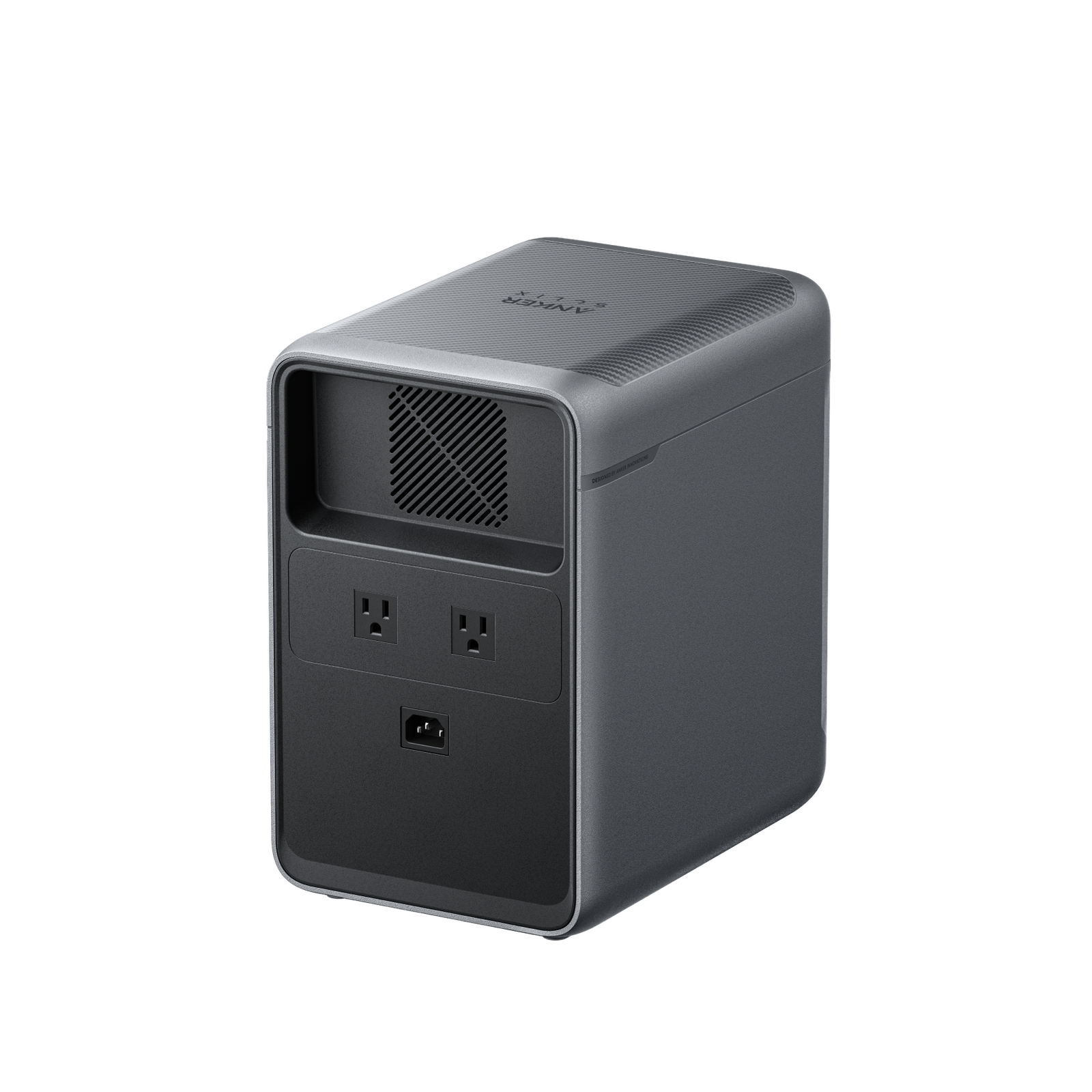 Anker SOLIX S2000 2010Wh portable power station, rear three-quarter angle showing AC input and outlets