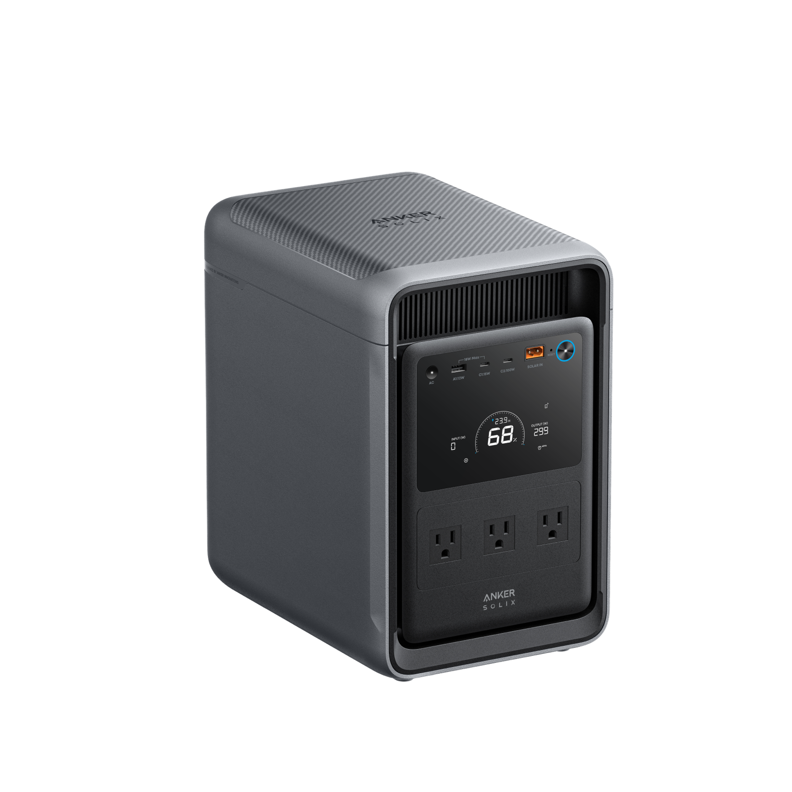 Anker SOLIX S2000 2010Wh portable power station, three-quarter front angle showing display and outlets