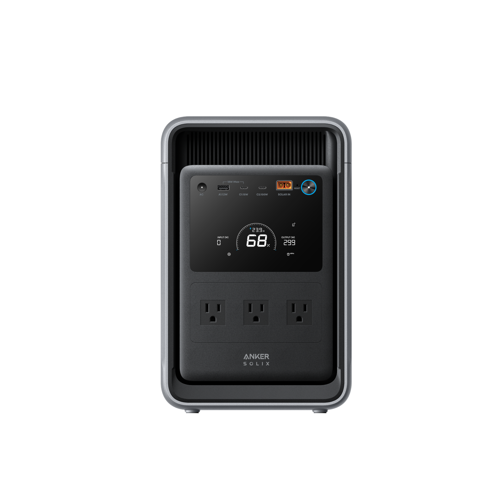 Anker SOLIX S2000 2010Wh portable power station, straight-on front view with digital display