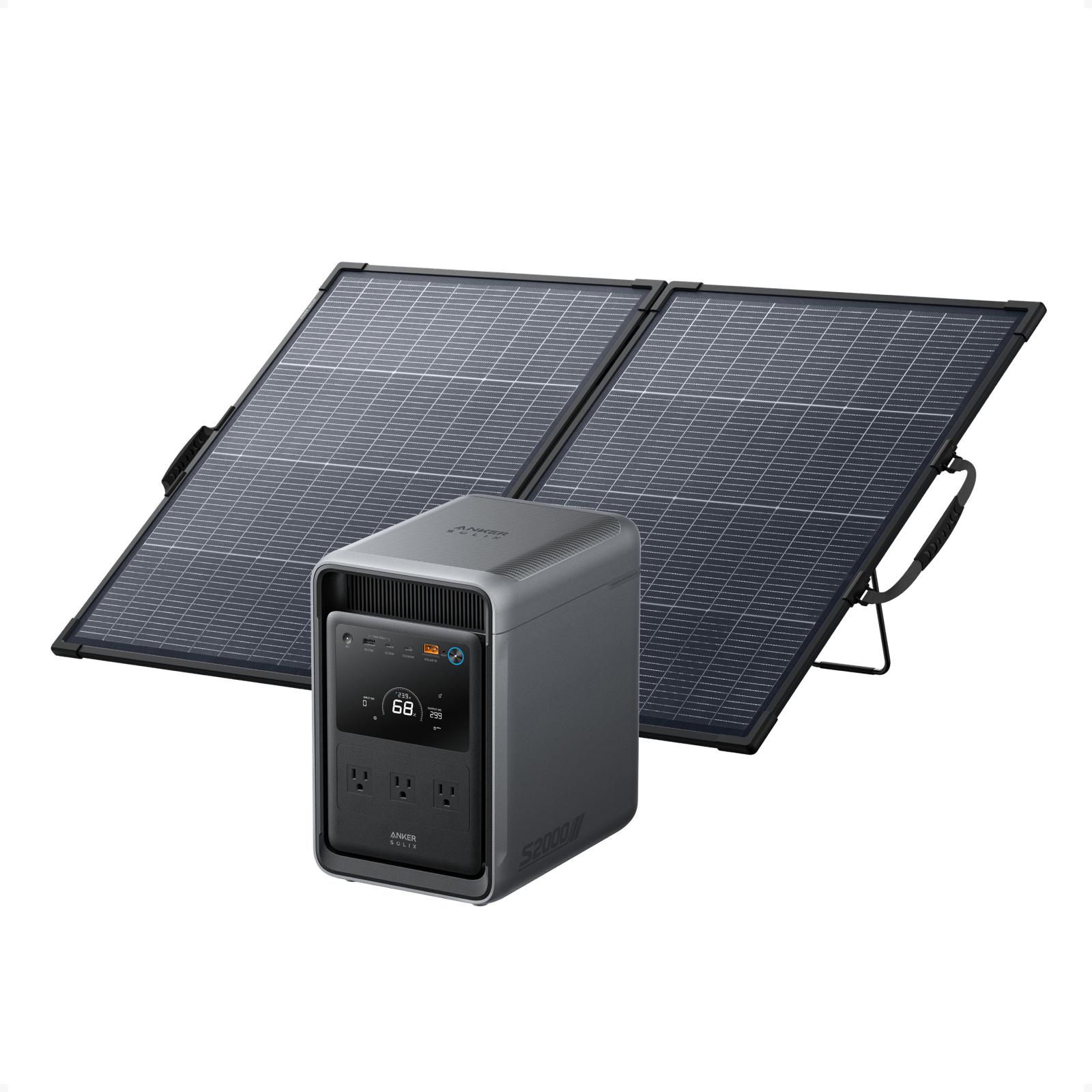 Anker SOLIX S2000 portable power station with the included PS200 bifacial 200W foldable solar panel, official bundle photo