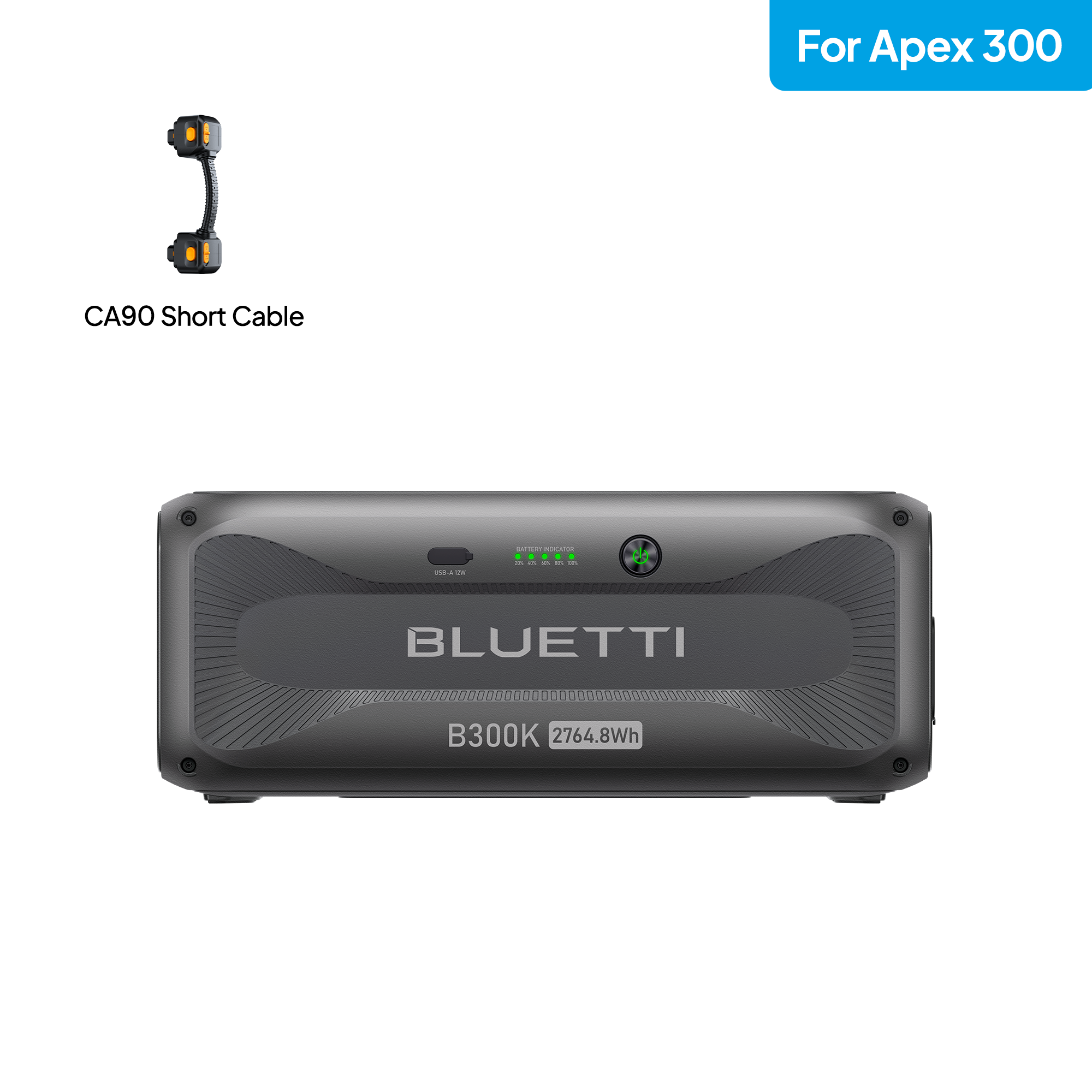 Bluetti B300K power station shown with a CA90 short cable above it. The power station displays indicator lights and the model number B300K 2764.8Wh, highlighting its role as a reliable backup power solution. A blue “For Apex 300” label in the top right corner indicates compatibility with the Apex300 system, making this BLUETTI B300K Expansion Battery an ideal addition for seamless energy support.