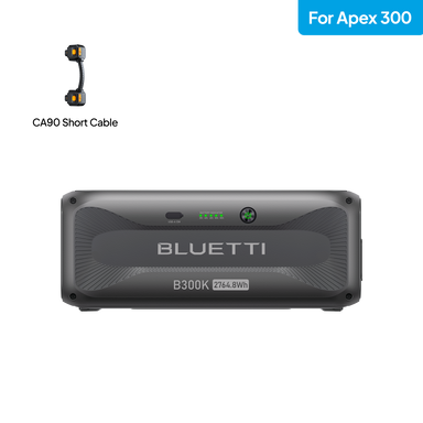 Bluetti B300K power station shown with a CA90 short cable above it. The power station displays indicator lights and the model number B300K 2764.8Wh, highlighting its role as a reliable backup power solution. A blue “For Apex 300” label in the top right corner indicates compatibility with the Apex300 system, making this BLUETTI B300K Expansion Battery an ideal addition for seamless energy support.