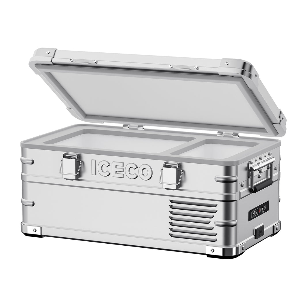 An ICECO Wholesale silver cooler with an open lid offers a robust design and deep cooling range. It features a digital control panel, reinforced corners, secure latches, and side ventilation slots, making it the ideal portable cooling solution for any adventure.