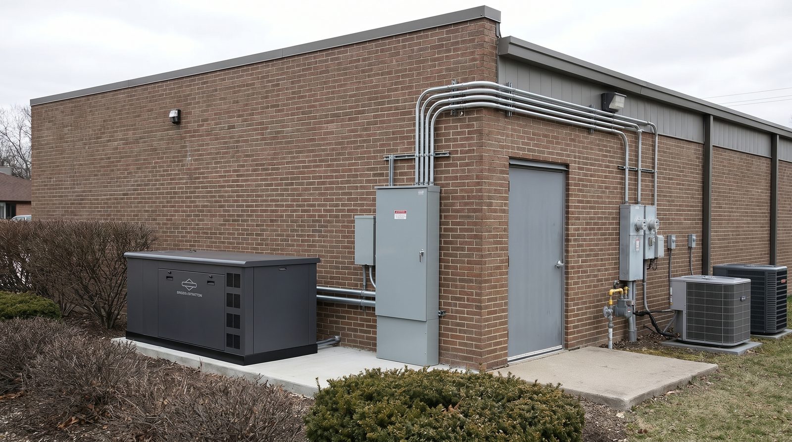 Briggs & Stratton 48kW Fortress commercial standby generator installed at a commercial building's service area