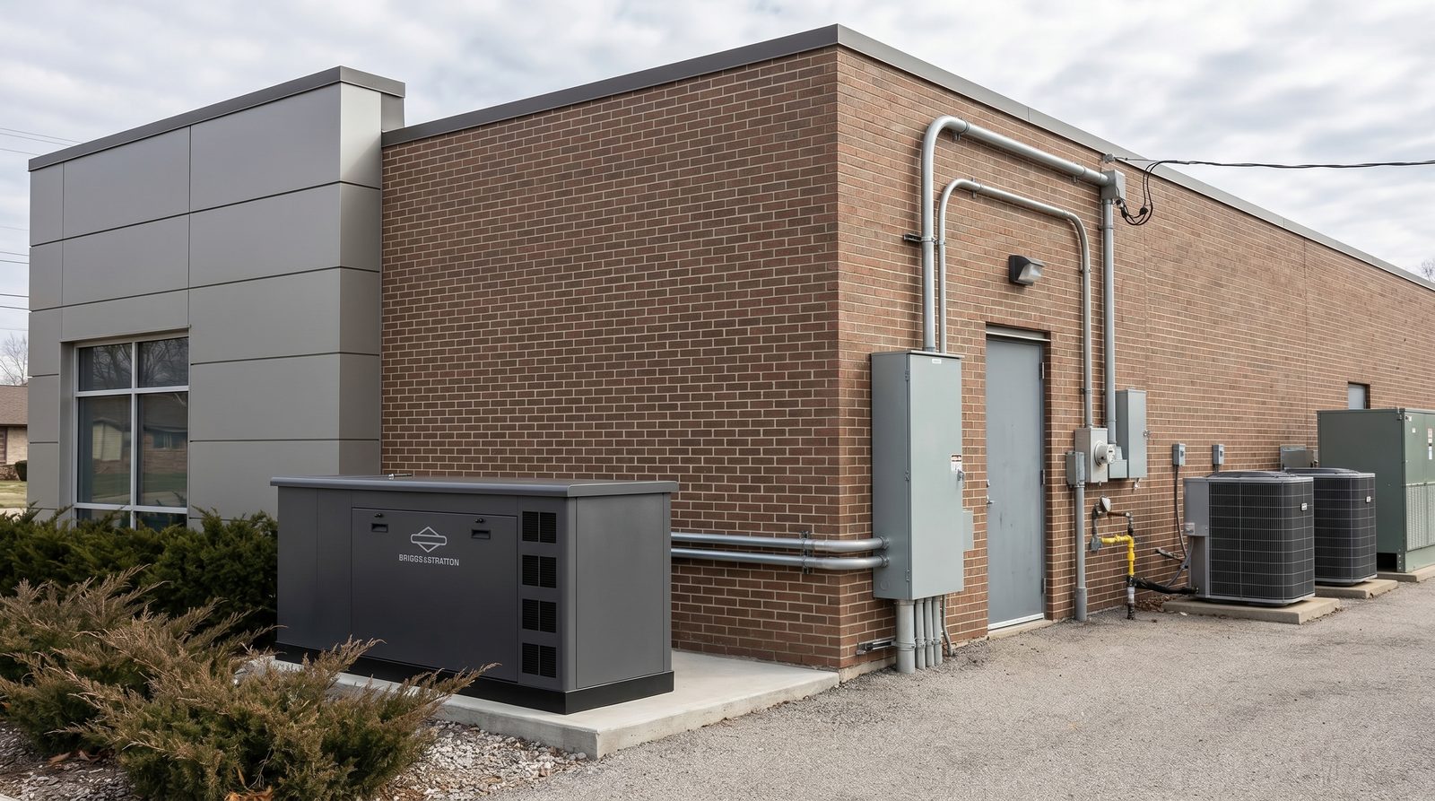 Briggs & Stratton 60kW Fortress commercial standby generator installed at a commercial building's service area