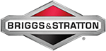 Logo of Briggs & Stratton, featuring a diamond shape with a red top half and black bottom half. The brand name is centered in black and white across a silver band in the middle of the diamond.