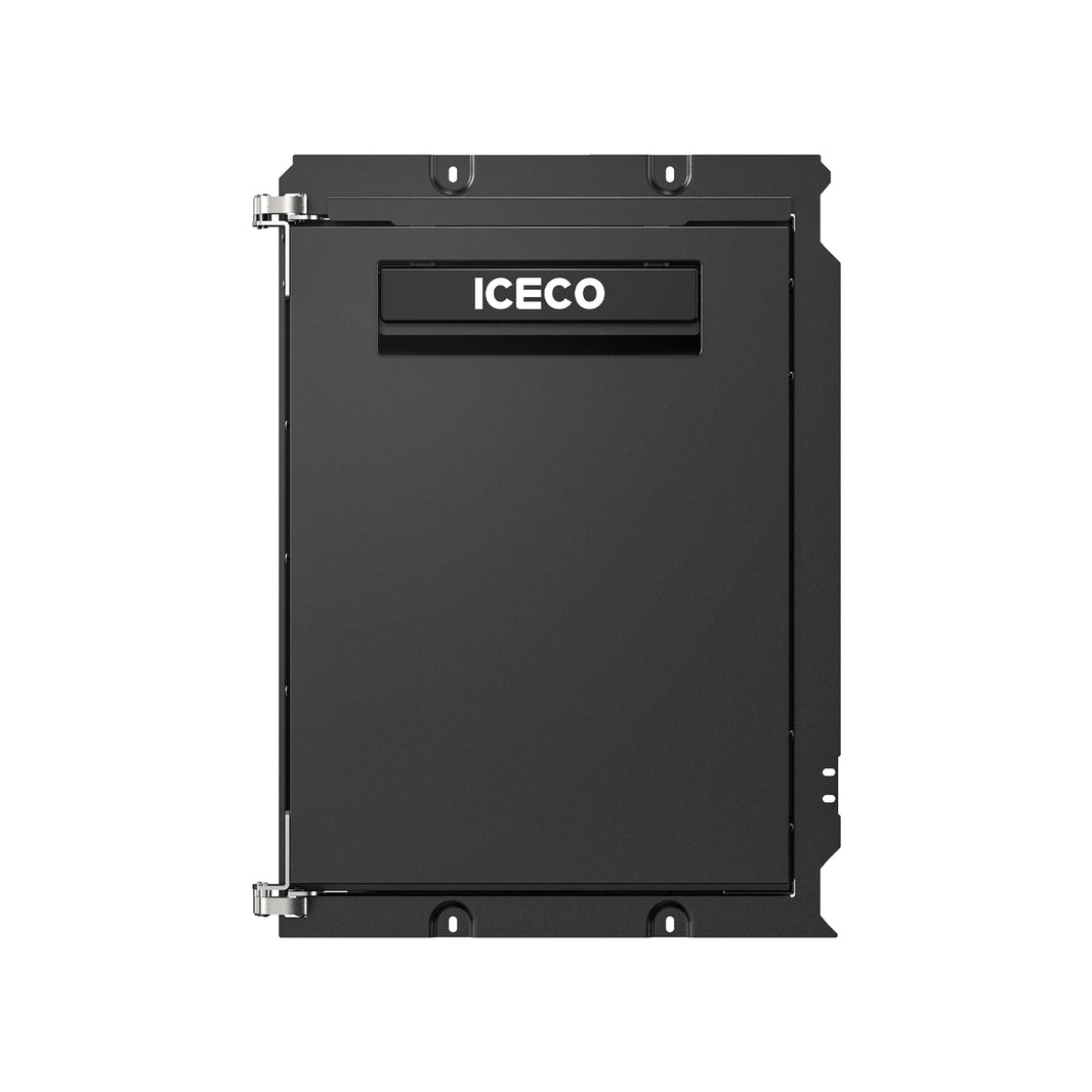 A sleek black rectangular refrigerator from ICECO Wholesale, featuring a robust left metal hinge. This 2-in-1 fridge/freezer with a SECOP DC compressor flaunts a minimalist design against a plain white background.