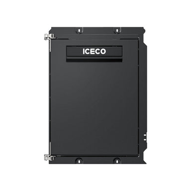 A sleek black rectangular refrigerator from ICECO Wholesale, featuring a robust left metal hinge. This 2-in-1 fridge/freezer with a SECOP DC compressor flaunts a minimalist design against a plain white background.