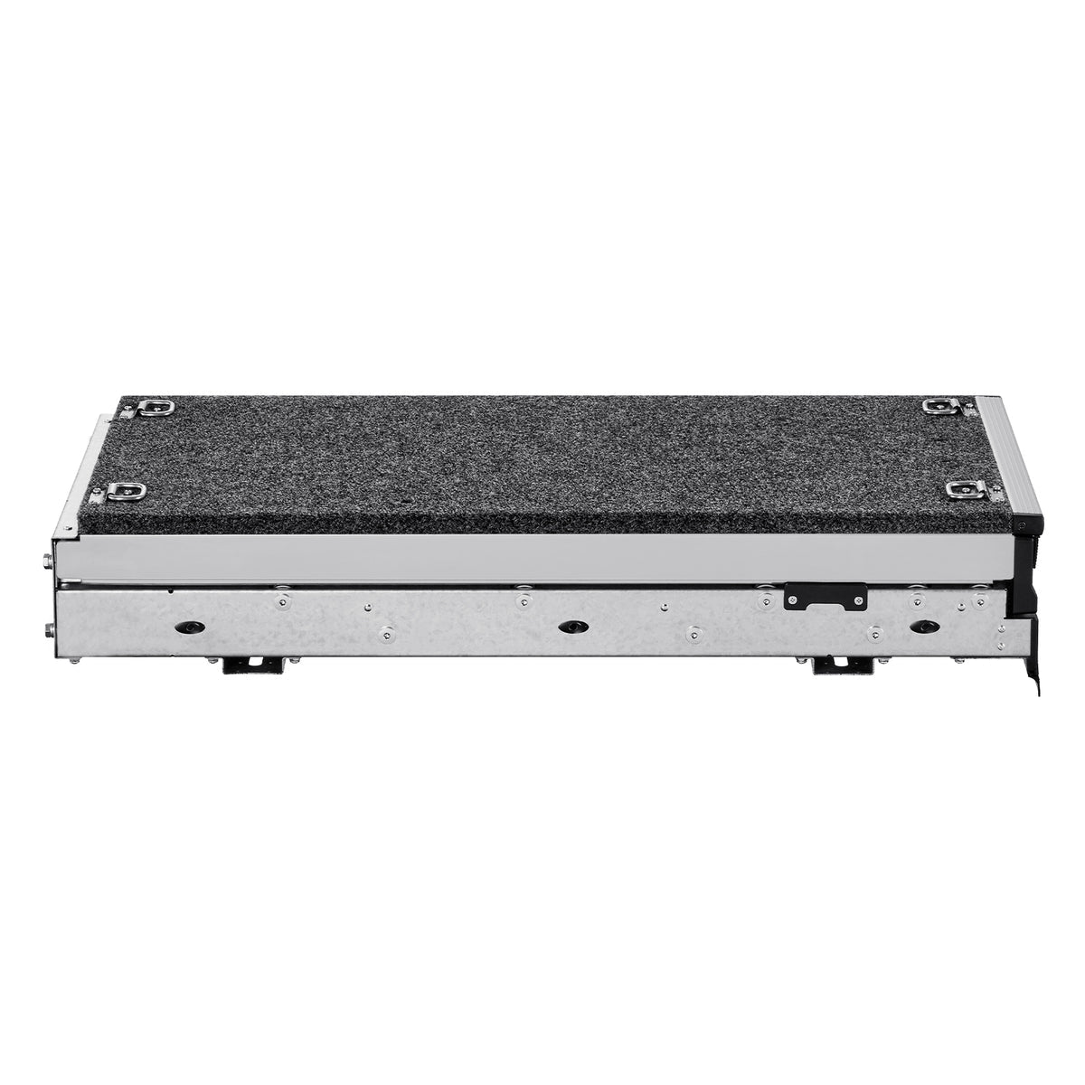 The ICECO Wholesale DS15 Roller Drawer System features a sleek rectangular design with a textured black top surface, silver sides, and metal corner clasps, providing a modern storage solution for any space.