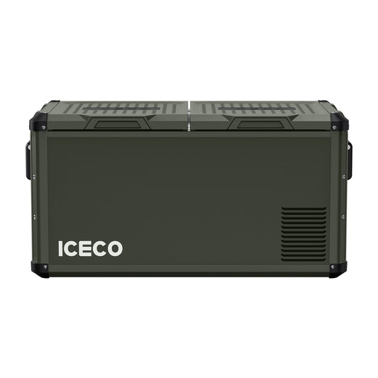 Featured in the image is a green portable refrigerator by ICECO Wholesale, showcasing a dual-lid design and rugged construction. It includes visible ventilation on the right side and sturdy side handles for easy transport. The unit is equipped with a Secop compressor, while the brand name "ICECO Wholesale" prominently appears in white on the front.