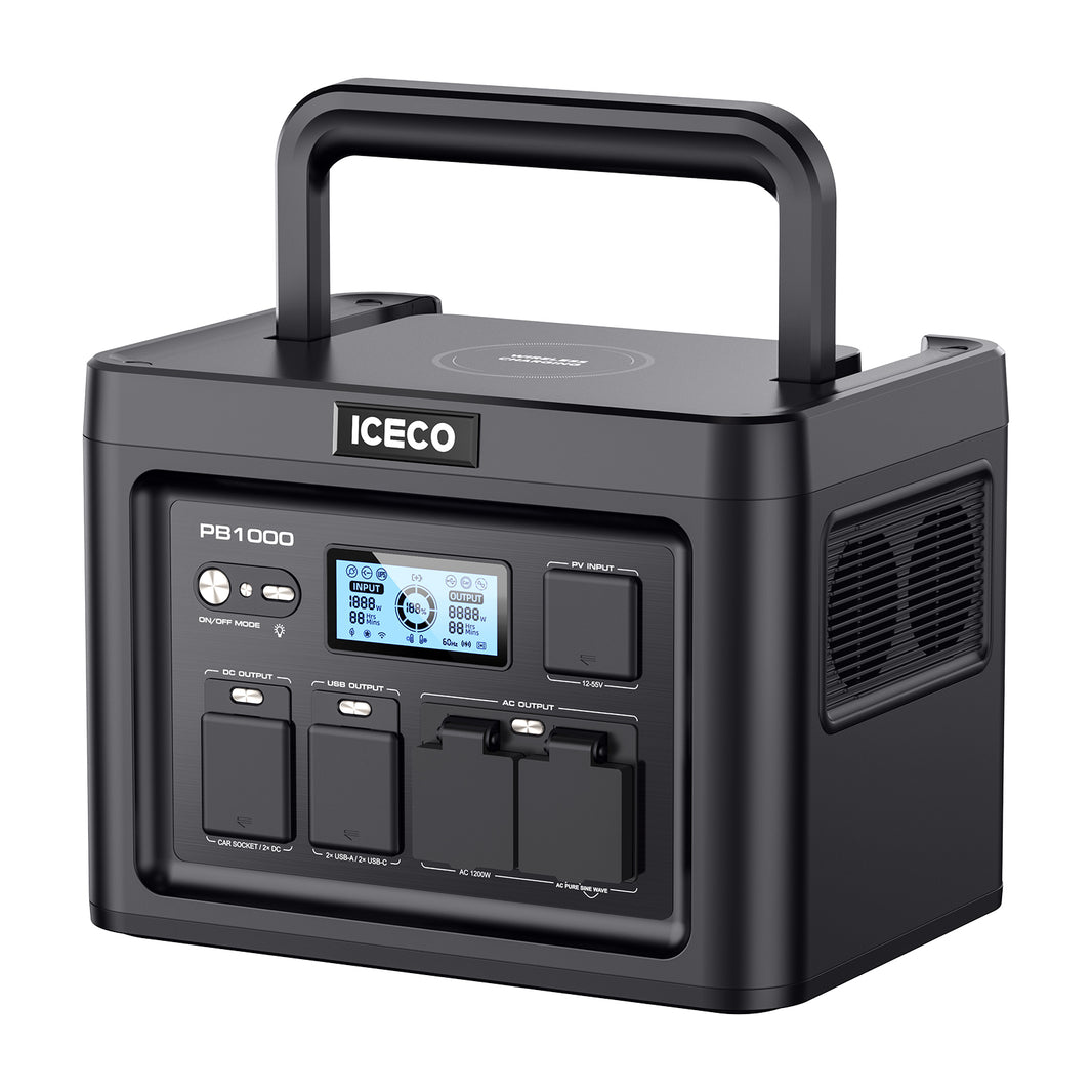 The ICECO PB1000, a black portable power station from ICECO Wholesale, boasts a 1057Wh LiFePO4 battery, top handle, multiple outlets, LED display for power indicators, and a side cooling vent.