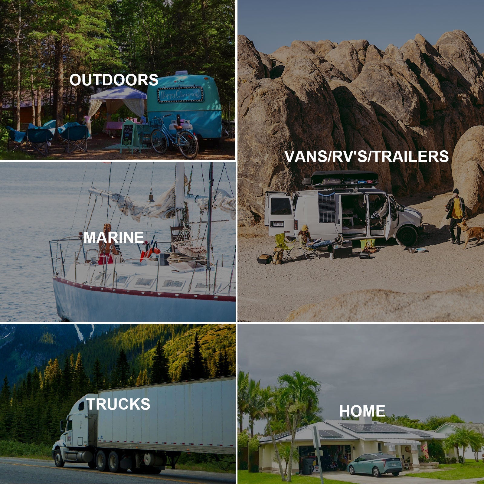 A collage of five images featuring ACOPOWER products: a campsite with a blue van and chairs, suggesting an off-grid power journey; a sailboat on the water showcasing the versatility of solar energy; a van parked by boulders displaying in-use solar power systems; a truck driving on the road powered by sustainable energy solutions; and a house adorned with palm trees, highlighting eco-friendly living.