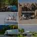 A collage of five images featuring ACOPOWER products: a campsite with a blue van and chairs, suggesting an off-grid power journey; a sailboat on the water showcasing the versatility of solar energy; a van parked by boulders displaying in-use solar power systems; a truck driving on the road powered by sustainable energy solutions; and a house adorned with palm trees, highlighting eco-friendly living.