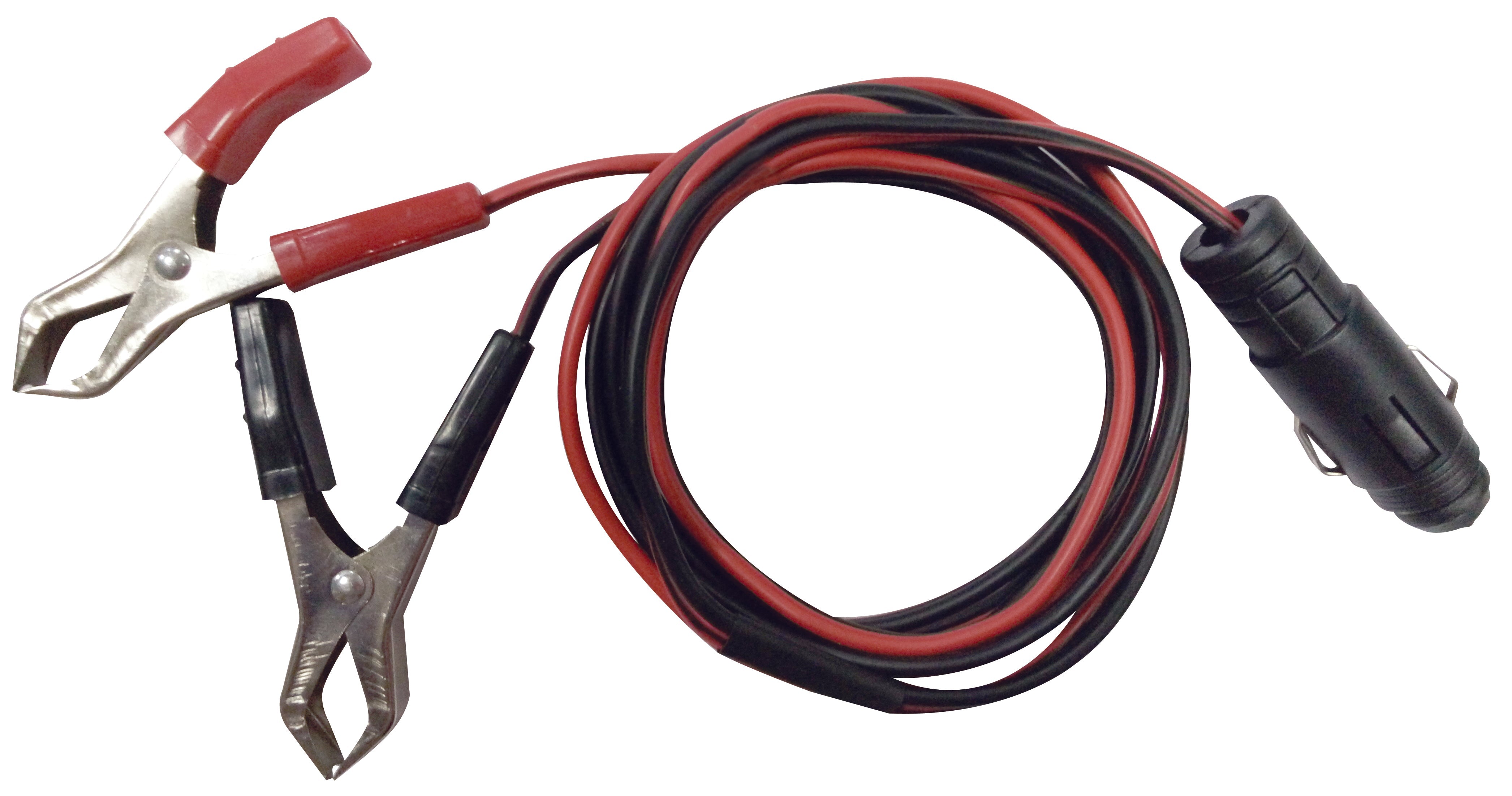The Pulsar black and red coiled cable features a car cigarette lighter plug on one end and two alligator clips on the other, ideal for use with the Pulsar PG2300iS quiet portable inverter generator and easy to store.