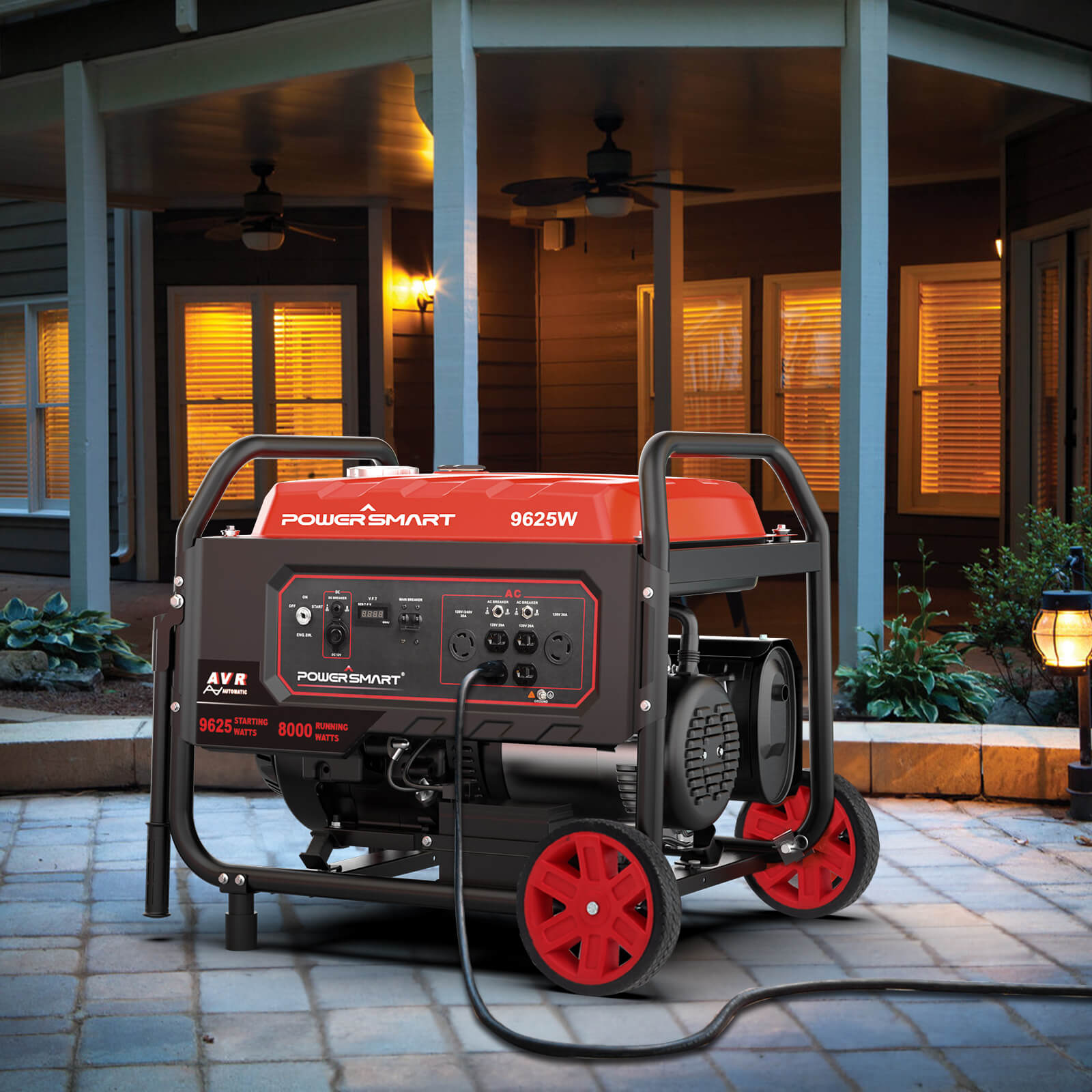 A portable red and black PowerSmart dual fuel generator runs outside on a paved area near a lit house at dusk. The generator is plugged in, with the house visible in the background.