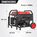 A PowerSmart 9625W portable generator in red and black with wheels is shown. It measures 24.1" H x 23.5" D x 28.4" W and weighs 224 lbs—a high-power, versatile generator.
