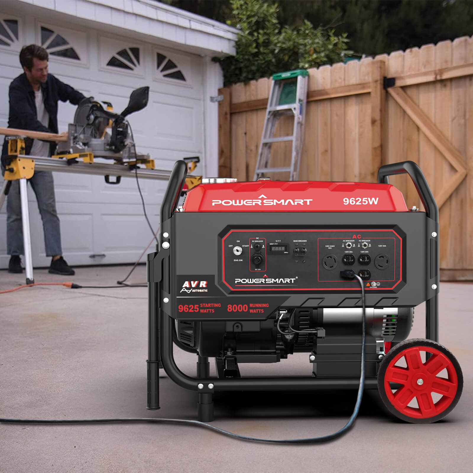 A PowerSmart red and black dual fuel generator with control panel and wheels is in the foreground, while a person uses a power saw near a white garage in the background. A wooden fence and ladder are also visible.