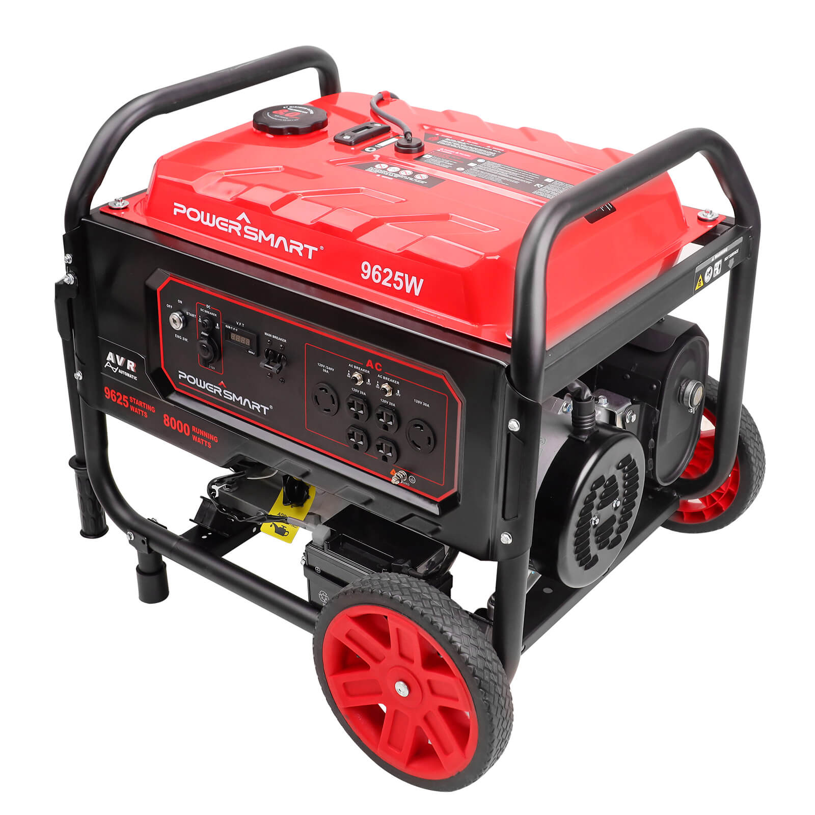 A red and black PowerSmart portable generator with large wheels, multiple power outlets, and a 9625W label is shown on a white background.